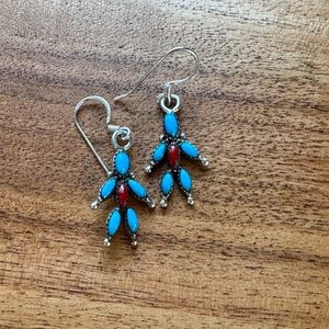 Elegant Sterling Silver red Coral and Turquoise Earrings